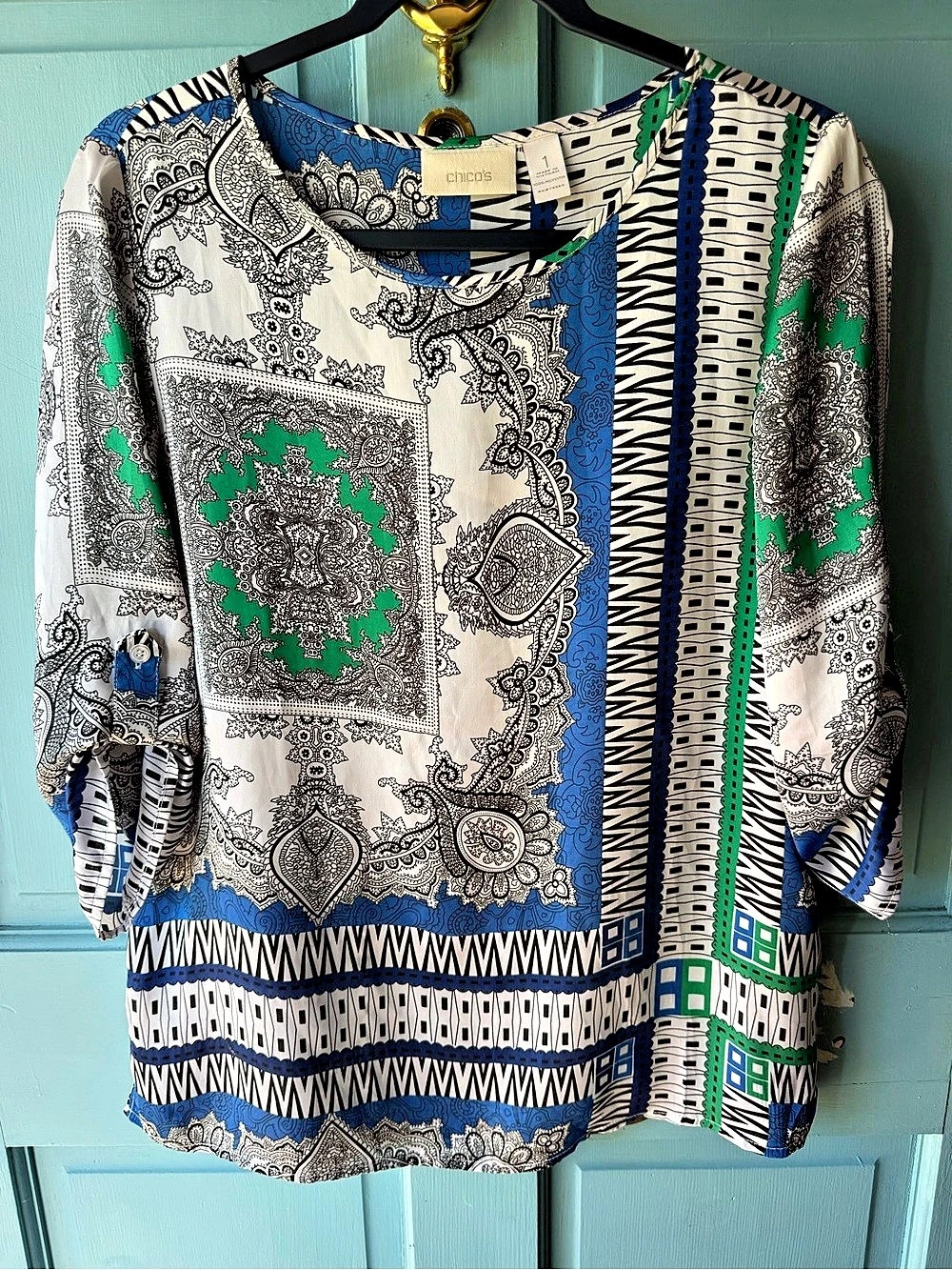 Chico's Printed Blouse in Blue & Green Size 1